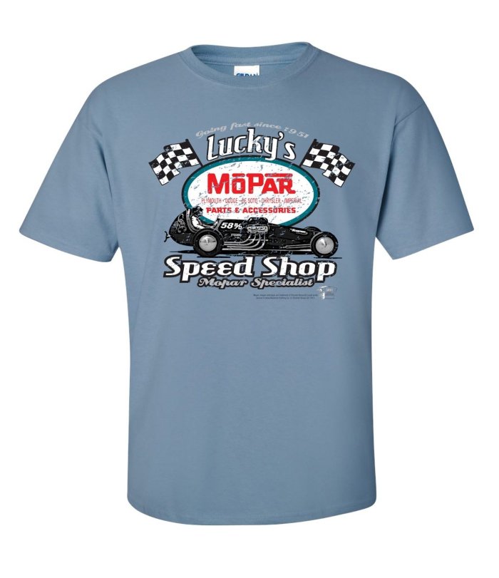 TDC-187 – Lucky’s Mopar Speed Shop Slate Blue Cotton Print Mens T-Shirt ...